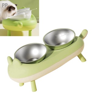 PP Double Bowl Pet Feeder Stainless Steel Elevated Cat Dog 15 Degrees Tilted Food Water