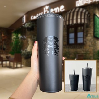 แก้ว Starbucks Double Layer Straw Cup Straight Body Matte Black Coffee Cup Frosted Straw Cup 16oz/24oz TH1