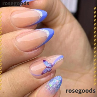 Rosegoods1 เล็บปลอม อัลมอนด์ หัวแหลม ถอดออกได้ สีขาว สไตล์ฝรั่งเศส สําหรับตกแต่งเล็บ DIY 24 ชิ้น