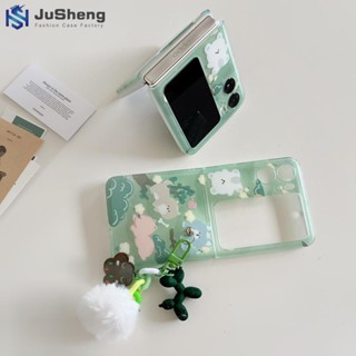 Jusheng เคสโทรศัพท์มือถือ ฝาพับ ลายสัตว์จิ๋ว สี่ตัว และจี้ สีเขียววาว แฟชั่น สําหรับ OPPO Find N2