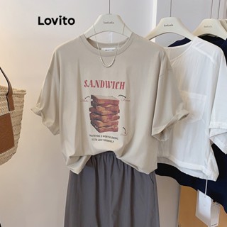 Lovito เสื้อยืดลําลอง พิมพ์ลายตัวอักษรสัตว์ สไตล์อเมริกัน ย้อนยุค สําหรับผู้หญิง LNE18016 (สีกากี)