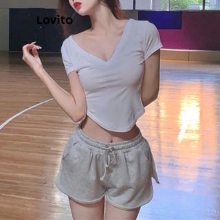 Lovito เสื้อยืด คอวี ลําลอง แบบเรียบ สําหรับผู้หญิง LNA19244 (สีขาว)