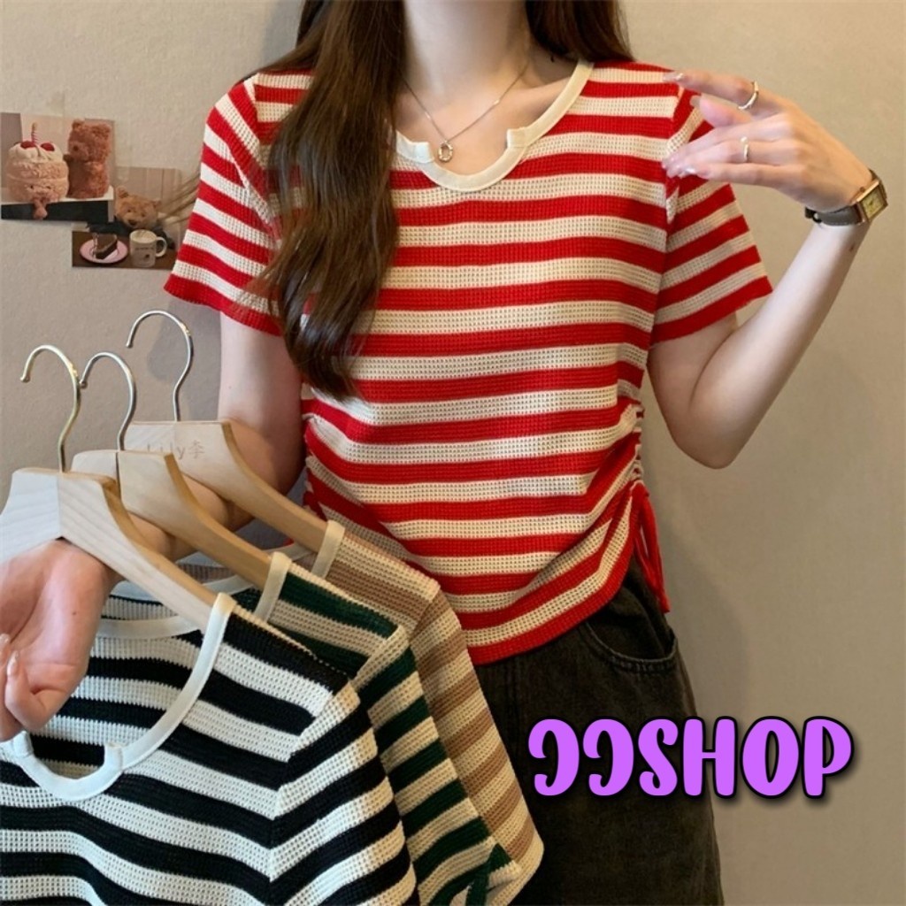 JJ Shop​ ​พร้อมส่ง เสื้อไหมพรมแขนสั้น ลายทางมี4สี เว้าวีตรงคอ "M0127-1" -C