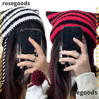 Rosegoods1 หมวกบีนนี่ ผ้าวูลถัก ลายทาง ปีศาจน้อย สไตล์ญี่ปุ่น ฤดูใบไม้ร่วง ฤดูหนาว