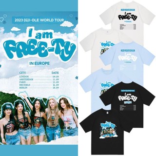 เสื้อยืดแขนสั้นลําลอง คอกลม ผ้าฝ้าย พิมพ์ลาย Kpop GIDLE WORLD TOUR 2023 I Am FREE TY YUQI SHUHUA MIYEON SOYEON MINNIE สําหรับผู้ชาย และผู้หญิง