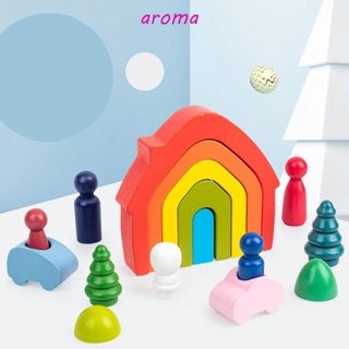 Aroma บล็อคตัวต่อไม้ รูปบ้านมอนเตสซอรี่ สีรุ้ง ของเล่นเสริมการเรียนรู้เด็ก DIY