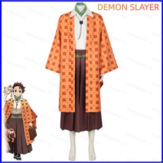 ชุดเสื้อโค้ท กางเกงกิโมโน คอสเพลย์ Demon Slayer Kamado Tanjiro สไตล์ญี่ปุ่น สําหรับปาร์ตี้ฮาโลวีน