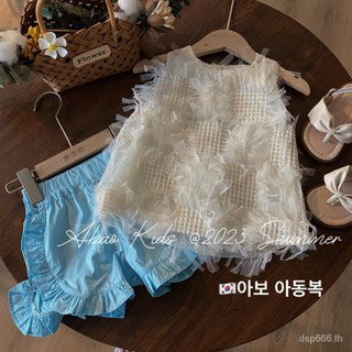 Korean childrens clothing 2023 Summer new girls sleeveless tassel top wooden ear shorts suit Western style two-piece set J3GR