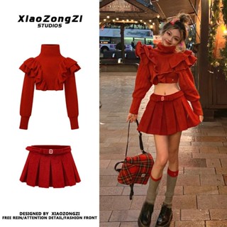พร้อมส่ง ชุดเสื้อกันหนาว และกระโปรงพลีท แต่งระบาย ขนาดเล็ก แฟชั่นฤดูใบไม้ร่วง และปีใหม่ สําหรับผู้หญิง