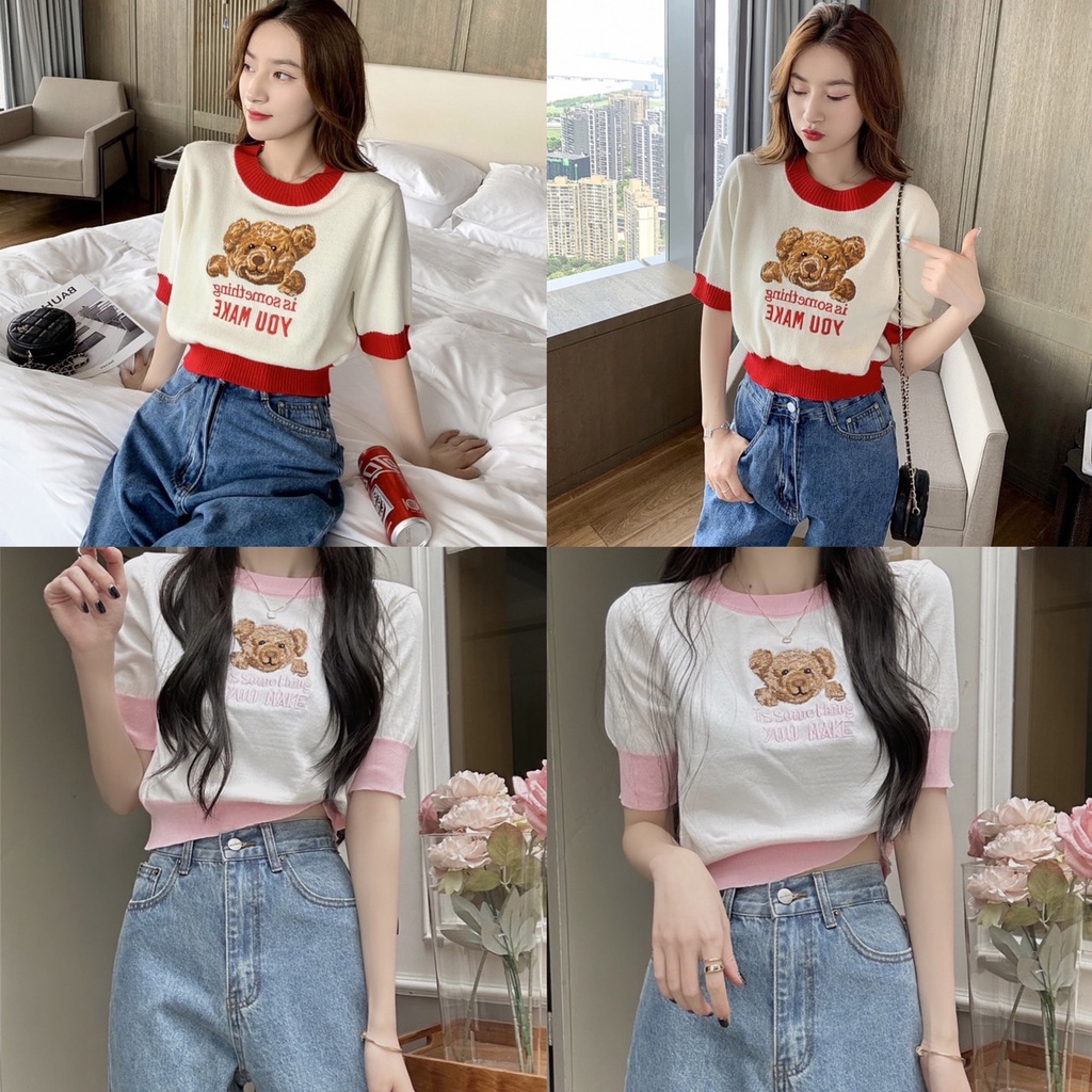 L.A Shop พร้อมส่ง เสื้อครอปไหมพรมแขนสั้นลายน้องหมีโซคิ้วว ''7201''