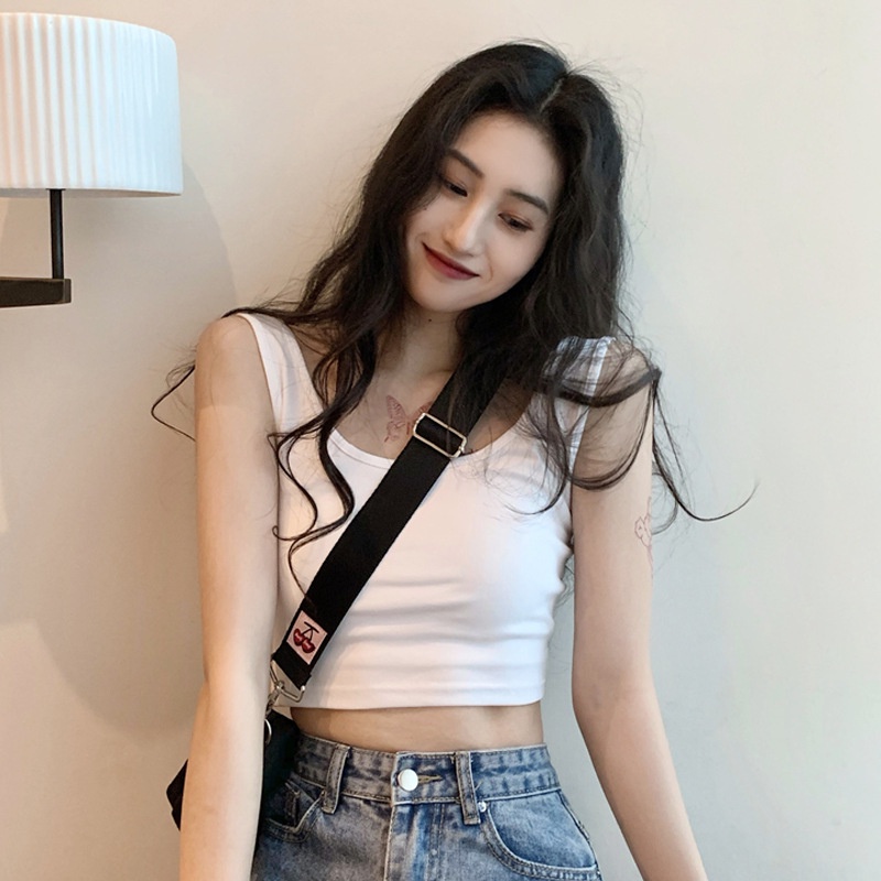 เสื้อสายเดี่ยวคอกลม ตัวสั้น แบบบาง สีขาว เหมาะกับฤดูร้อน เสื้อแขนกุดผู้หญิงเกาหลี