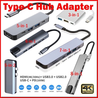 ฮับอะแดปเตอร์ชาร์จ 3 5 6 7 8-in-1 Type C USB 3.0 HDMI RJ45 Micro SD TF PD 100W สําหรับแล็ปท็อป PC Macbook Pro Air