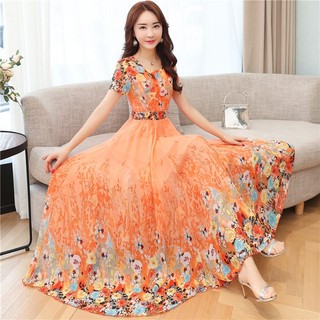Hazel.green chiffon printed dress wanita 2026 musim semi dan musim panas versi Korea baru dari slim fit big swing mid-length temperamen slim fairy dress