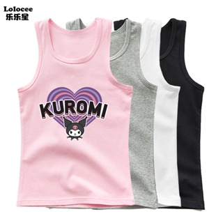 SANRIO เสื้อยืดแขนกุด ผ้าฝ้าย แบบนิ่ม พิมพ์ลาย Kuromi and Melody สําหรับเด็กผู้หญิง