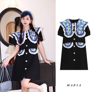 MANSA korean black floral dress เดรส เสื้อผ้าแฟชั่น ชุดเกาหลี