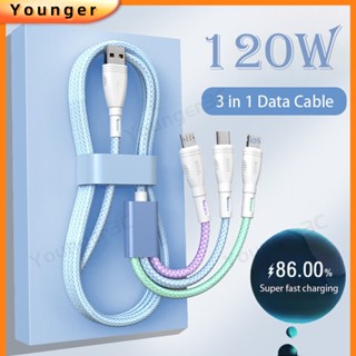 สายชาร์จ 120W 3 In 1 สีมาการอง 6A หลากสี สําหรับ ios Type C Android