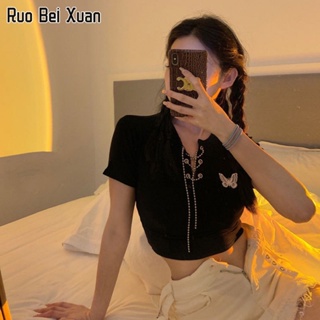 RUO BEI XUAN เสื้อยืดสตรีฤดูร้อนใหม่แขนสั้นสีดำเอวสูงตัดด้านบน