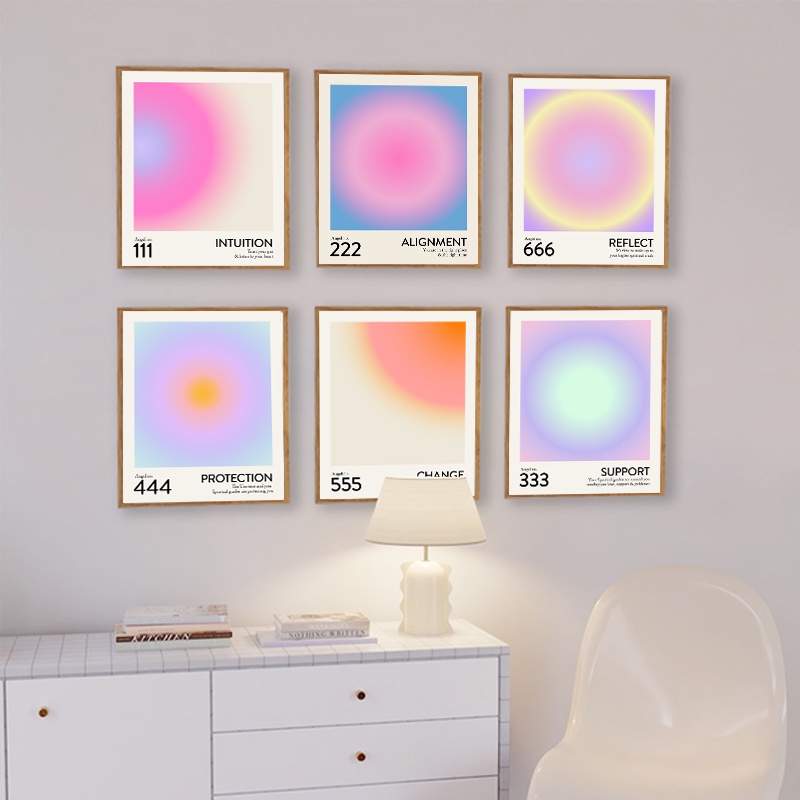 Angel Numbers Gradient Aura โปสเตอร์และพิมพ์ความงามดิจิตอลแรงบันดาลใจภาพวาดผ้าใบ Nordic Art Wall ภาพตกแต่งบ้าน