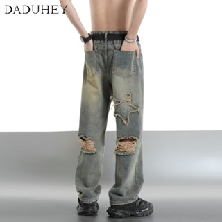 DaDuHey🔥 Summer Ripped Design Handsome Ins High Street Mens Denim Fashion Brand Washed Straight-Leg Pants