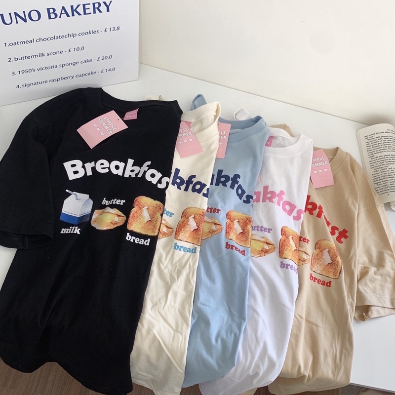 S011 เสื้อยืด oversize ผ้าคอตตอน สกรีน milk butter bread