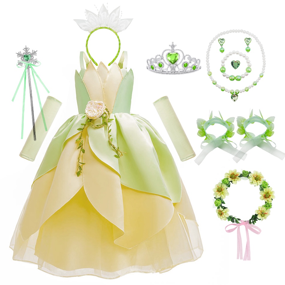DYAA เจ้าหญิง Tiana ชุดกบสาวเจ้าหญิงคอสเพลย์ฮาโลวีน Elves เครื่องแต่งกายทารกสีเขียวปิดไหล่ Ball Gown Tiana