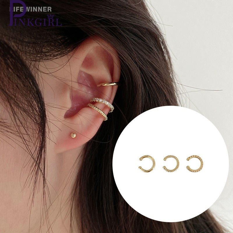 [ 3 ชิ้น/เซ็ตสีทอง Rhinestone Hoop ต่างหูหูข้อมือคลิปหูเครื่องประดับหูสําหรับสาว ]