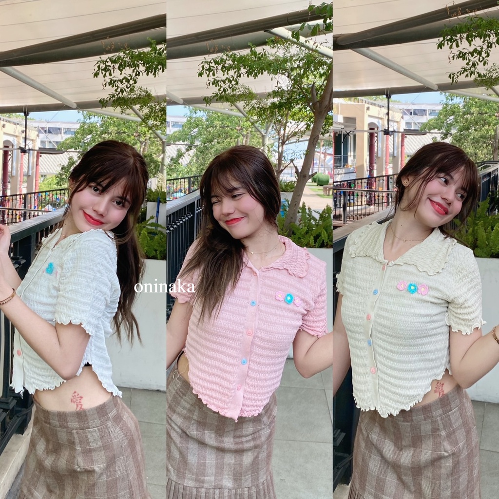 Oninaka เสื้อครอป ผ้าไหมพรม งานปัก กระดุมสี พร่อมส่งในไทย