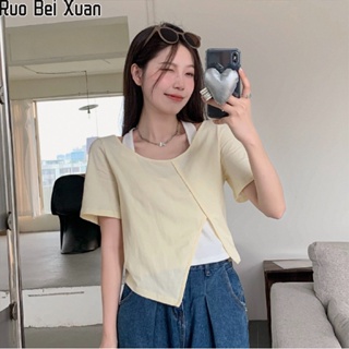 RUO BEI XUAN  สไตล์ใหม่ของผู้หญิงความปรารถนาบริสุทธิ์สไตล์สาวร้อนชุดสองชิ้นสีตัดกันเสื้อยืดเอวบางด้านบนบาง