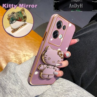 Andyh เคสโทรศัพท์มือถือแบบกระจก พับได้ ลายการ์ตูนเฮลโลคิตตี้ พร้อมขาตั้ง สําหรับ OPPO Reno 8 Reno8 Reno 8 Pro 5G