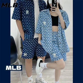 เสื้อแจ็กเก็ตยีนแขนสั้น ปักลายโลโก้ MLB NY 100% สําหรับผู้ชาย และผู้หญิง