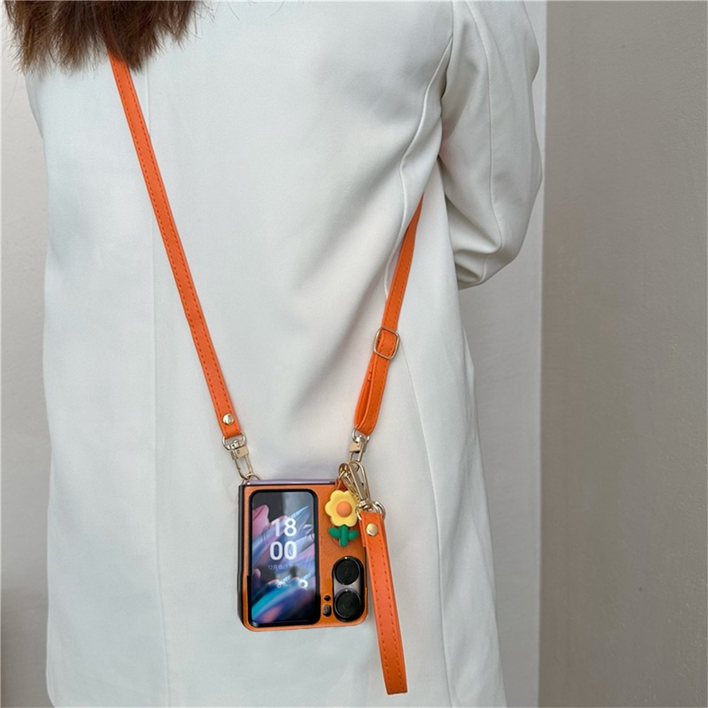 น่ารักเกาหลีcrossbody Lanyardสร้อยคอหนัง 3Dดอกไม้สีส้มเคสโทรศัพท์สําหรับOPPOค้นหาN3 Flip findn2 พลิกค้นหาN2 ฝาครอบ