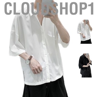 Cloudshop1 Shirt Short Sleeve Lapel Button Pure Color Side Slit Casual Loose Cool Tops for Men