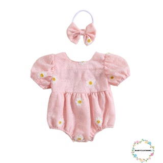 Babyclothes- ชุดรอมเปอร์ แขนสั้น คอกลม พิมพ์ลายดอกไม้ พร้อมที่คาดผม ฤดูร้อน สําหรับเด็กผู้หญิง