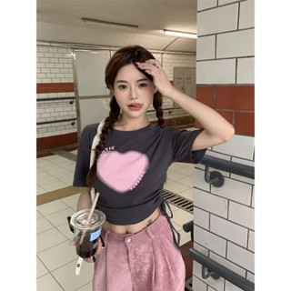 เสื้อยืด พิมพ์ลายหัวใจ แบบผูกเชือกด้านข้าง แฟชั่นฤดูร้อน แบบใหม่
