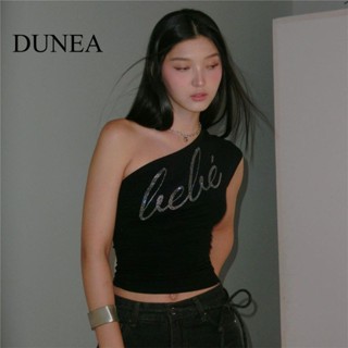 Dunea เสื้อครอป เปิดไหล่เฉียง พิมพ์ลายตัวอักษร เซ็กซี่ สําหรับผู้หญิง