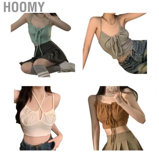 Hoomy Women Summer Top  Spaghetti Strap Cropped Top Skin Friendly Comfortable Drawstring Tie  for Weekend