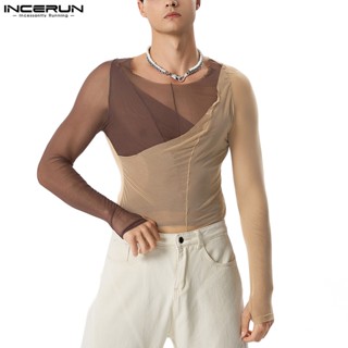 Incerun เสื้อยืด แขนยาว ผ้าตาข่าย สีตัดกัน ทึบ สองชิ้น สําหรับผู้ชาย