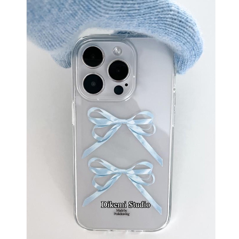 เกาหลี ins น่ารักแม่บ้านหัวใจริบบิ้นสีฟ้าเคสซิลิโคนอ่อนนุ่มสําหรับ iphone16/15/14promax/14pro/13/12/11/14plus เคสป้องกันโปร่งใส