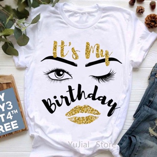 เสื้อยืดลําลอง แขนสั้น พิมพ์ลายกราฟฟิค ItS My Birthday Goldren Lips สุดเท่ สุดเซ็กซี่ สําหรับผู้หญิง