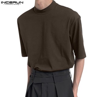 Incerun เสื้อยืด คอสูง แขนสั้น สีพื้น เรียบง่าย สําหรับผู้ชาย