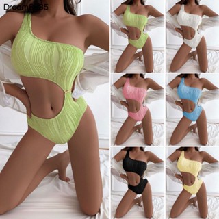 Drea- ผู้หญิง Monokini สีพื้น ลายทาง ไหล่ข้างเดียว กลวง เปิดหลัง ว่ายน้ํา เข้ารูป