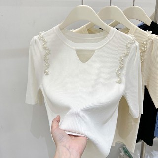 เสื้อแขนสั้น ผ้าถัก ฉลุลาย