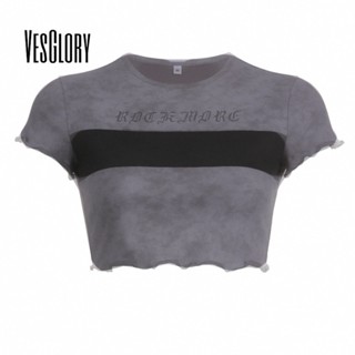 Vesglory เสื้อครอปท็อป คอกลม แขนสั้น พิมพ์ลายตัวอักษร สีตัดกัน สําหรับผู้หญิง 2023