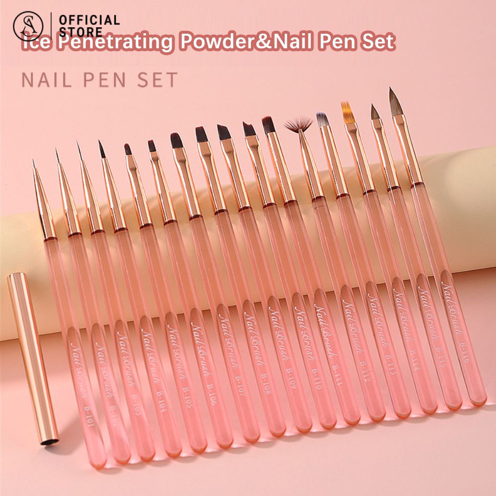 ชุดแปรงปากกาเพ้นท์เล็บ ไล่โทนสี สีชมพู สไตล์ญี่ปุ่น 16 ชิ้น