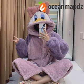 OCEANMAPDZ ชุดนอน ผ้าฟลีซ มีฮู้ด ลายการ์ตูน แฟชั่นฤดูหนาว สําหรับผู้หญิง