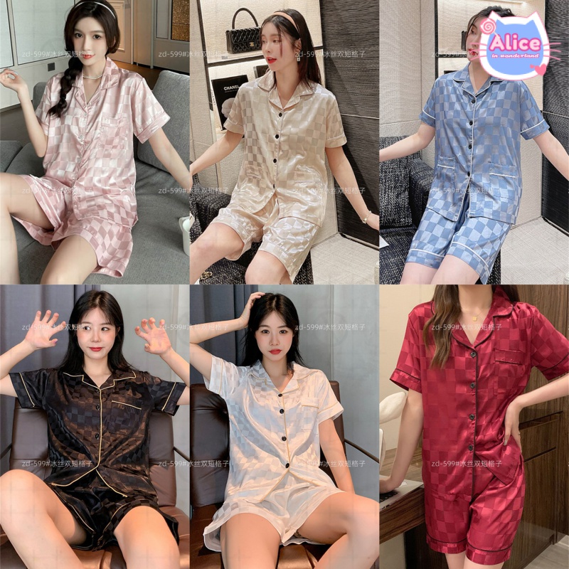 ใหม่ ชุดนอน เสื้อแขนสั้น กางเกงขาสั้น ผ้าเรยอน แฟชั่นฤดูร้อน M26L
