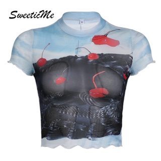 Sweeticme ใหม่ เสื้อยืดลําลอง คอกลม แขนสั้น เข้ารูป ผ้าตาข่าย สีตัดกัน แฟชั่นสําหรับสตรี 2023