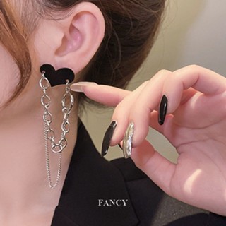 Fancy ใหม่ ต่างหูโซ่ยาว รูปหัวใจ สีดํา สไตล์วินเทจ ฮิปฮอป เรียบง่าย สําหรับผู้หญิง