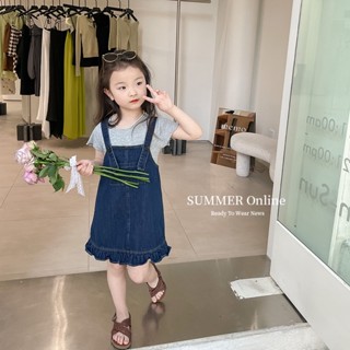 [Aria] เสื้อยืด แขนสั้น แต่งขอบเชื้อรา และกระโปรงยีน แต่งลูกไม้ แฟชั่นสําหรับเด็กผู้หญิง