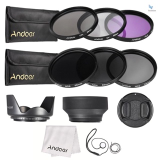 {fash} Andoer ชุดฟิลเตอร์เลนส์ 55 มม. UV+CPL+FLD+ND(ND2 ND4 ND8) พร้อมกระเป๋าพกพา ฝาปิดเลนส์ ที่ใส่ฝาปิดเลนส์ ที่ใส่เลนส์ ดอกทิวลิป และฮู้ดเลนส์ยาง ผ้าทําความสะอาด